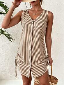 EMERY ROSE Women's Summer Swimwear Mature Striped Single-Breasted Sleeveless Shirt Cover-Up, Suitable For Summer Beach Vacation - Khaki - View 4