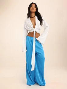 Dancing Leopard Blue Satin Wide Leg Pants, Evening Party Outfit - Blue - View 5