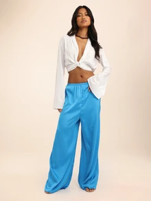 Dancing Leopard Blue Satin Wide Leg Pants, Evening Party Outfit - Blue - View 3