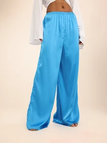 Dancing Leopard Blue Satin Wide Leg Pants, Evening Party Outfit - Blue - View 6