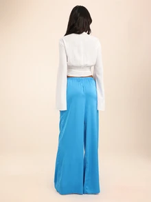 Dancing Leopard Blue Satin Wide Leg Pants, Evening Party Outfit - Blue - View 2