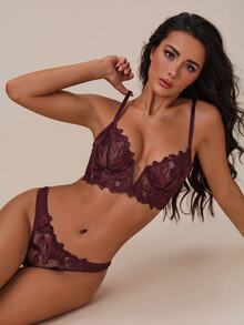 Lumalex 2pcs French Classic Black V-Neck Bra Set - Red Violet - View 8