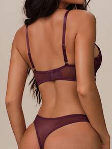 Lumalex 2pcs French Classic Black V-Neck Bra Set - Red Violet - View 3