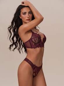 Lumalex 2pcs French Classic Black V-Neck Bra Set - Red Violet - View 5