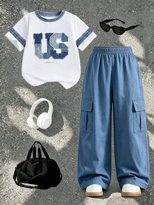 SHEIN 2件組青少年男孩休閒酷風英文標語印花時尚圓領短袖T恤搭配寬腿工裝褲套裝，適合假期派對、春夏穿著，舒適易穿，夏季必備時尚休閒穿搭，春夏街頭風，適合返校聚會與戶外活動 - 彩色 - 查看 4