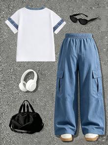 SHEIN 2件組青少年男孩休閒酷風英文標語印花時尚圓領短袖T恤搭配寬腿工裝褲套裝，適合假期派對、春夏穿著，舒適易穿，夏季必備時尚休閒穿搭，春夏街頭風，適合返校聚會與戶外活動 - 彩色 - 查看 2