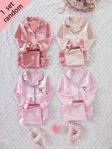 SHEIN (Random 1) 甜美風蝴蝶結刺繡女童長袖上衣與長褲 4 件套，隨機發貨，休閒舒適居家服驚喜盲盒 - 彩色 - 查看 5