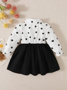 SHEIN Souflis 女嬰領口花瓣袖 2 合 1 A 字裙，黑色可愛秋季返校洋裝，經典廓形配甜美蝴蝶結裝飾 - 彩色 - 查看 2