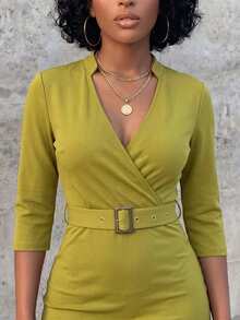 Eryvara Women's New Elegant V-Neck Ruffle 3/4 Sleeve Fitted Dress, Suitable For Casual And Commuter Wear - Green - View 3