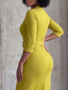 Eryvara Women's New Elegant V-Neck Ruffle 3/4 Sleeve Fitted Dress, Suitable For Casual And Commuter Wear - Green - View 2