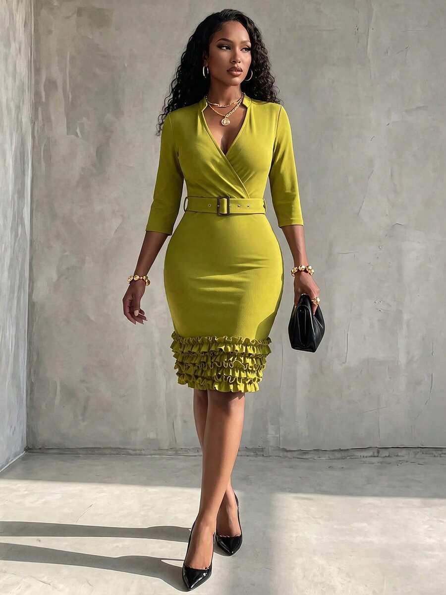 Eryvara Women's New Elegant V-Neck Ruffle 3/4 Sleeve Fitted Dress, Suitable For Casual And Commuter Wear - Green - View 1