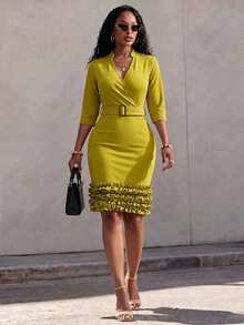 Eryvara Women's New Elegant V-Neck Ruffle 3/4 Sleeve Fitted Dress, Suitable For Casual And Commuter Wear - Green - View 4