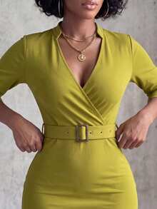 Eryvara Women's New Elegant V-Neck Ruffle 3/4 Sleeve Fitted Dress, Suitable For Casual And Commuter Wear - Green - View 5
