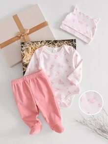 Set Hadiah 3pcs Baju Bayi Baru Lahir Motif Kelinci Merah Muda Lucu Lengan Panjang dengan Celana Terusan dan Topi Telinga - MultiWarna - View 3