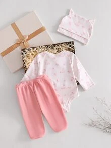 Set Hadiah 3pcs Baju Bayi Baru Lahir Motif Kelinci Merah Muda Lucu Lengan Panjang dengan Celana Terusan dan Topi Telinga - MultiWarna - View 2