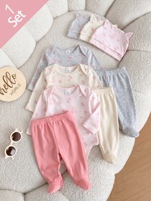 Set Hadiah 3pcs Baju Bayi Baru Lahir Motif Kelinci Merah Muda Lucu Lengan Panjang dengan Celana Terusan dan Topi Telinga - MultiWarna - View 1