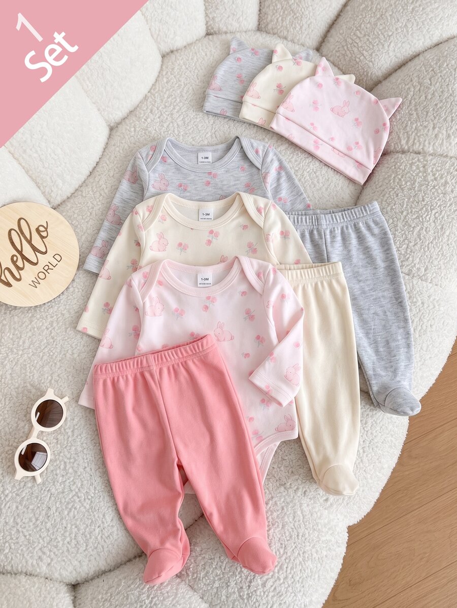 Set Hadiah 3pcs Baju Bayi Baru Lahir Motif Kelinci Merah Muda Lucu Lengan Panjang dengan Celana Terusan dan Topi Telinga - MultiWarna - View 1