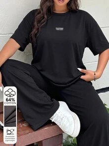 Muchica 大尺碼女款字母印花牛仔短袖T恤與寬腿褲休閒兩件套 - 彩色 - 查看 3