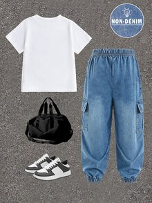 SHEIN Genkimix Kids 男童图案标语印花设计，时尚圆领短袖T恤搭配工装裤套装，适合节日、派对等场合，舒适轻便，适合春夏穿着，休闲街头风，户外野餐，上学，也是馈赠佳品。 - 彩色 - 查看 2