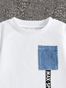 SHEIN Genkimix Kids 男童图案标语印花设计，时尚圆领短袖T恤搭配工装裤套装，适合节日、派对等场合，舒适轻便，适合春夏穿着，休闲街头风，户外野餐，上学，也是馈赠佳品。 - 彩色 - 查看 4