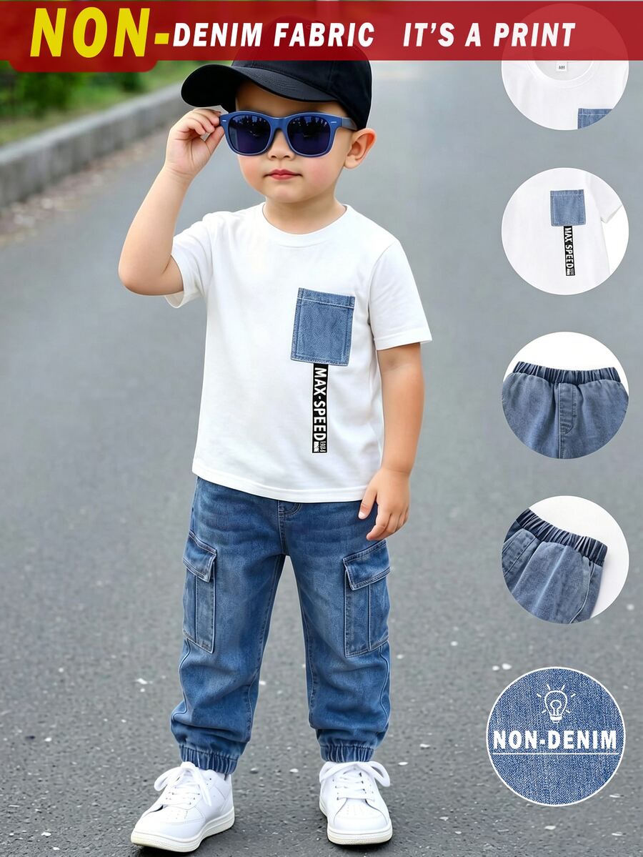 SHEIN Genkimix Kids 男童图案标语印花设计,时尚圆领短袖T恤搭配工装裤套装,适合节日、派对等场合,舒适轻便,适合春夏穿着,休闲街头风,户外野餐,上学,也是馈赠佳品。 - 彩色 - 查看 1