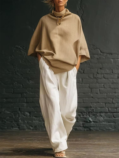 LUMIGAL Damers lös sweatshirt, cape-sweatshirt, khaki med hög hals och fladdermusärm, lös asymmetrisk fåll, casual topp, minimalistisk vardags-streetwear