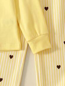 Young Girls 4-7Y Cute Yellow Heart Print Striped Pullover Tee & Loose Pants 2pcs Outfit Set, Fashion Casual Spring Autumn Daily Party Wear - Yellow - View 9