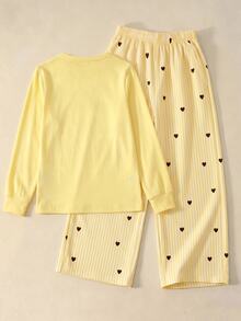 Young Girls 4-7Y Cute Yellow Heart Print Striped Pullover Tee & Loose Pants 2pcs Outfit Set, Fashion Casual Spring Autumn Daily Party Wear - Yellow - View 3