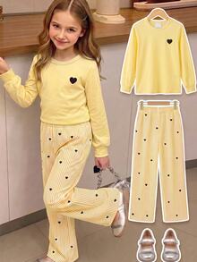Young Girls 4-7Y Cute Yellow Heart Print Striped Pullover Tee & Loose Pants 2pcs Outfit Set, Fashion Casual Spring Autumn Daily Party Wear - Yellow - View 6