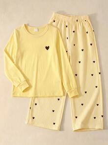 Young Girls 4-7Y Cute Yellow Heart Print Striped Pullover Tee & Loose Pants 2pcs Outfit Set, Fashion Casual Spring Autumn Daily Party Wear - Yellow - View 5