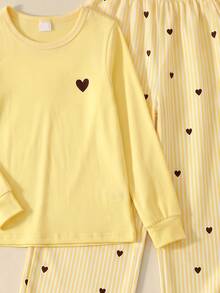 Young Girls 4-7Y Cute Yellow Heart Print Striped Pullover Tee & Loose Pants 2pcs Outfit Set, Fashion Casual Spring Autumn Daily Party Wear - Yellow - View 10