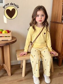 Young Girls 4-7Y Cute Yellow Heart Print Striped Pullover Tee & Loose Pants 2pcs Outfit Set, Fashion Casual Spring Autumn Daily Party Wear - Yellow - View 2