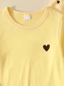 Young Girls 4-7Y Cute Yellow Heart Print Striped Pullover Tee & Loose Pants 2pcs Outfit Set, Fashion Casual Spring Autumn Daily Party Wear - Yellow - View 7