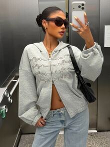 Muchica Women's Drop Shoulder Long Sleeve Zipper Front Light Grey Knit Sweatshirt Traveling Daytime Holiday Night Going Out Summer Streetwear Casual - Grey - View 1