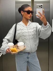 Muchica Women's Drop Shoulder Long Sleeve Zipper Front Light Grey Knit Sweatshirt Traveling Daytime Holiday Night Going Out Summer Streetwear Casual - Grey - View 3
