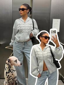 Muchica Women's Drop Shoulder Long Sleeve Zipper Front Light Grey Knit Sweatshirt Traveling Daytime Holiday Night Going Out Summer Streetwear Casual - Grey - View 6