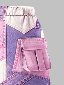 SHEIN 女童休閒時尚愛心極簡圖案短袖圓領T恤拼接工裝裙套裝，舒適時尚女童套裝，休閒穿搭，春夏套裝，新風格，隨性舒適，春季氛圍，休閒夏季度假 - 彩色 - 查看 6