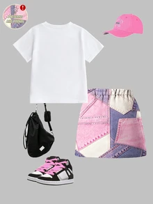 SHEIN 女童休閒時尚愛心極簡圖案短袖圓領T恤拼接工裝裙套裝，舒適時尚女童套裝，休閒穿搭，春夏套裝，新風格，隨性舒適，春季氛圍，休閒夏季度假 - 彩色 - 查看 3
