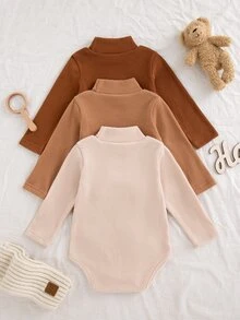 SHEIN Vintaside Kids 3 Pack Baby Boys Bodysuits Rompers Cute Brown Tan Beige Ribbed Knit Patch Long Sleeve Mock Neck Regular Birthday Boy Fall Cozy Big Brother Snap Button - Multicolor - View 2
