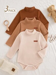 SHEIN Vintaside Kids 3 Pack Baby Boys Bodysuits Rompers Cute Brown Tan Beige Ribbed Knit Patch Long Sleeve Mock Neck Regular Birthday Boy Fall Cozy Big Brother Snap Button - Multicolor - View 1