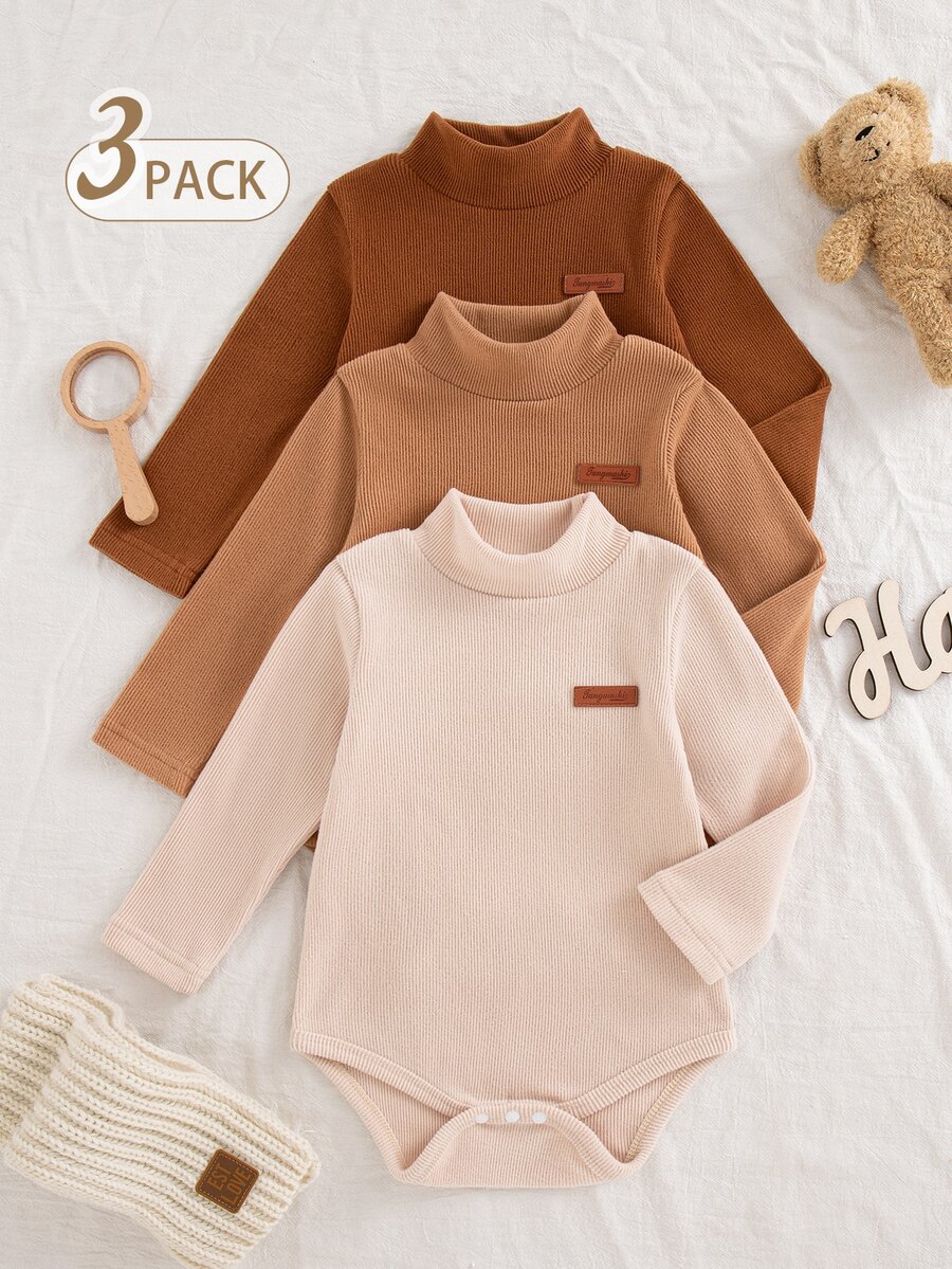 SHEIN Vintaside Kids 3 Pack Baby Boys Bodysuits Rompers Cute Brown Tan Beige Ribbed Knit Patch Long Sleeve Mock Neck Regular Birthday Boy Fall Cozy Big Brother Snap Button - Multicolor - View 1