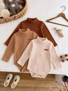 SHEIN Vintaside Kids 3 Pack Baby Boys Bodysuits Rompers Cute Brown Tan Beige Ribbed Knit Patch Long Sleeve Mock Neck Regular Birthday Boy Fall Cozy Big Brother Snap Button - Multicolor - View 3
