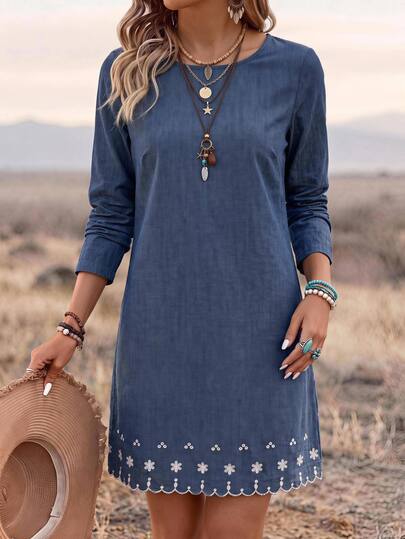 Wildy BOHO Casual Western Country Nomad Women's Autumn/Winter Daily Basic Outfit Long Sleeve Embroidered Short Dress Cowgirl Outfits Vacation Blue Floral