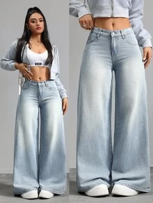 SHEIN Tall 女款休閒水洗直筒牛仔褲 秋冬款 優雅 度假 正式 商務 牛仔女郎 節慶 儀式 毛絨保暖 高身長 秋季穿搭 - 藍色 - 查看 8