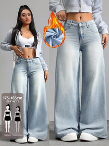 SHEIN Tall 女款休閒水洗直筒牛仔褲 秋冬款 優雅 度假 正式 商務 牛仔女郎 節慶 儀式 毛絨保暖 高身長 秋季穿搭 - 藍色 - 查看 2