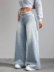 SHEIN Tall 女款休閒水洗直筒牛仔褲 秋冬款 優雅 度假 正式 商務 牛仔女郎 節慶 儀式 毛絨保暖 高身長 秋季穿搭 - 藍色 - 查看 3