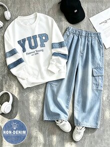 SHEIN 2件組 5-15° 少年時尚簡約舒適圓領衛衣與工裝褲套裝，簡約酷感英文字母滿版印花設計，適合假期派對、休閒穿著、春秋冬季街頭穿搭、外出、返校聚會 - 彩色 - 查看 5