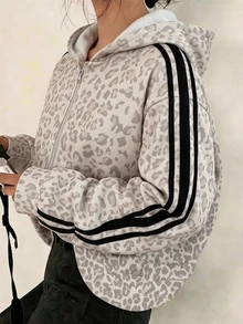 SHEIN 青少年女孩秋冬休閒居家與戶外拉鍊口袋前開襟長袖連帽外套 灰粉色姐妹套裝外套 - 粉色 - 查看 5