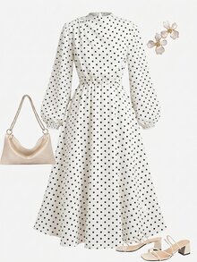SHEIN Girlism 青少年女孩秋季休閒優雅波點印花收腰洋裝 白色波點洋裝，適合秋冬通勤 - 白色 - 查看 3