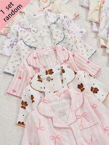 SHEIN (Randomly Sent 1 Set) Girls' Apricot Base Floral Heart Bow Bear Free Combination Print Short Sleeve Top And Long Pants Casual Comfortable Loose Home Wear Surprise Blind Box - Multicolor - View 5